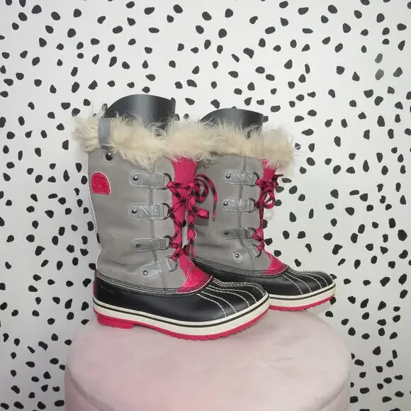 Sorel Gray Faux Fur Trim Girls Lace Up Winter Tofino Boots - Picture 2 of 8
